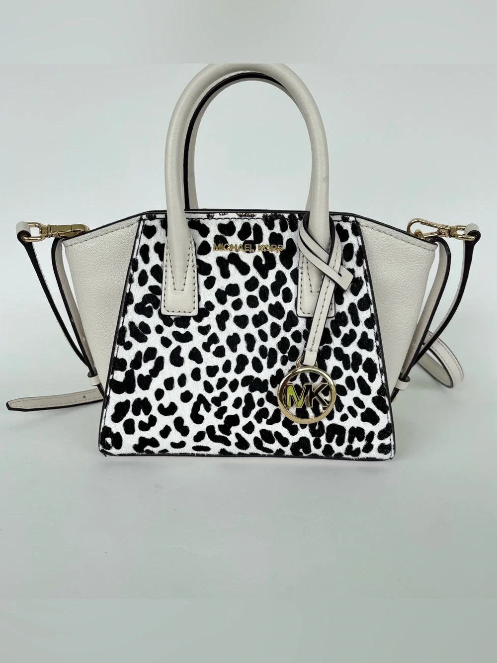 Michael Kors Marilyn Small Satchel Crossbody Leopard Calf Hair Vanilla Leather